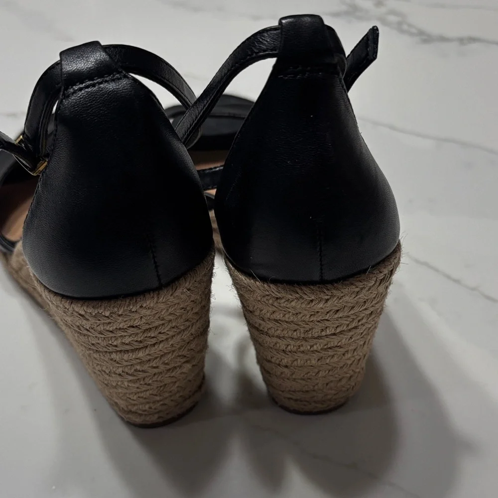 Vince Black Leather Wedge Espadrilles